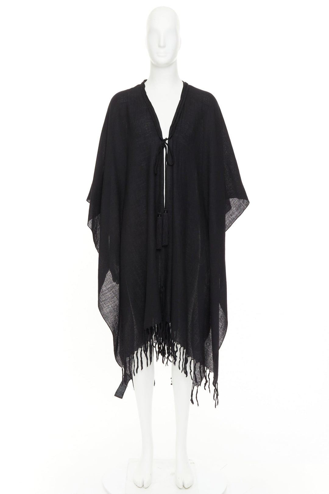 SAINT LAURENT 2016 Runway Hedi Slimane black wool fringed tassel tie cape poncho