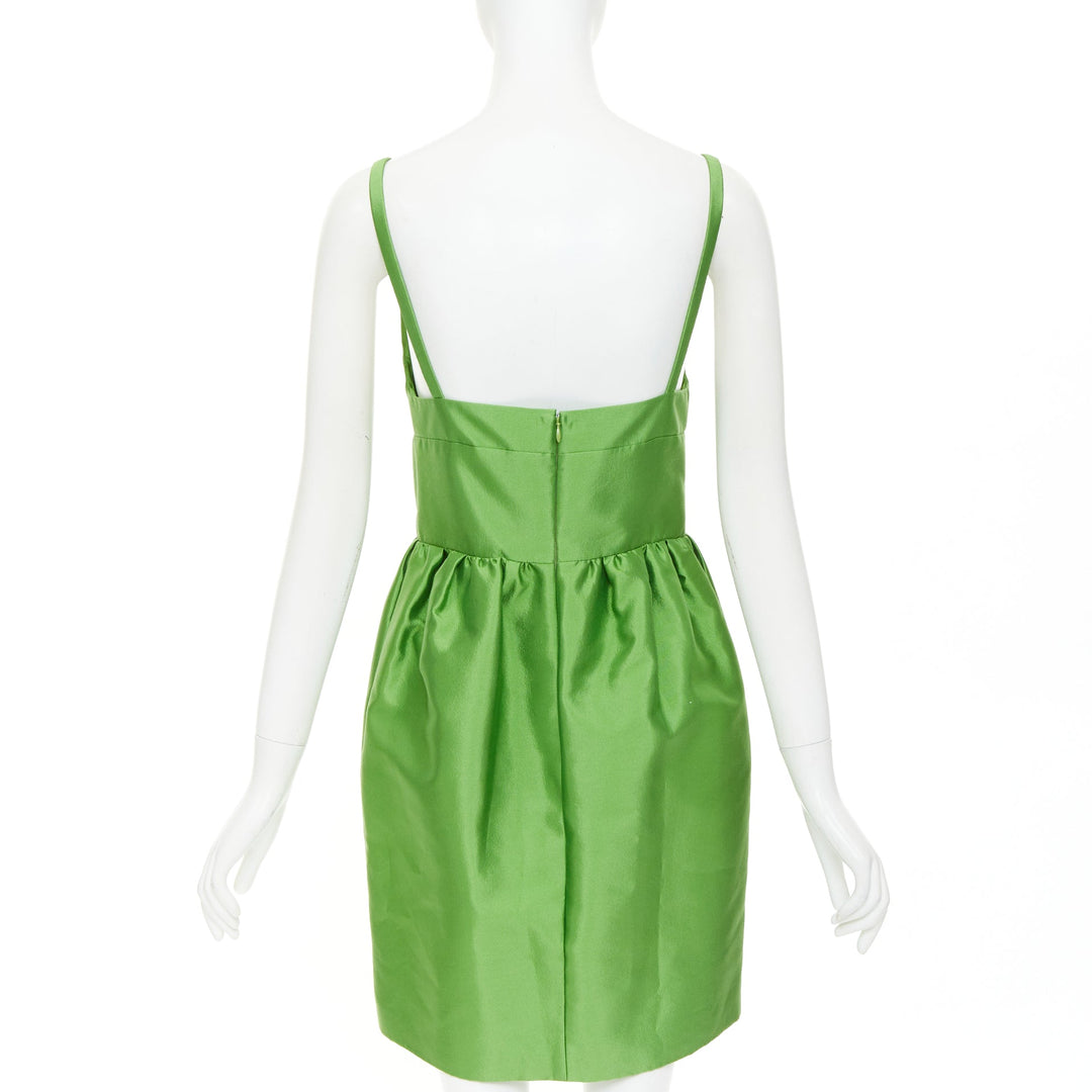 PRADA 2022 Kelly green duchess silk V-neck sleeveless mini dress IT40 S