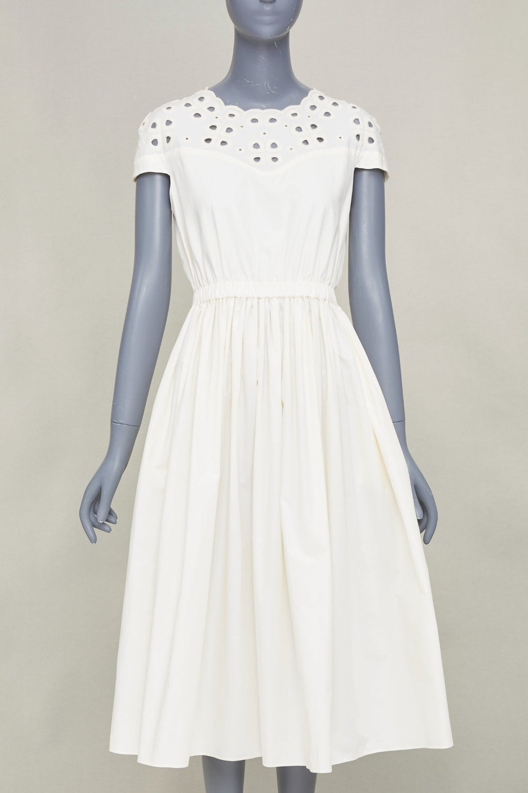 FENDI eyelet cutout scalloped yoke white cotton poplin midi dress IT40 S