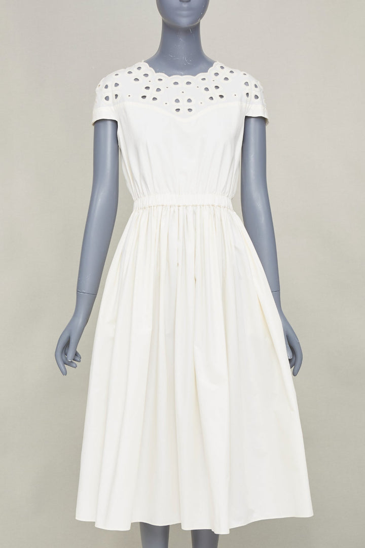 FENDI eyelet cutout scalloped yoke white cotton poplin midi dress IT40 S