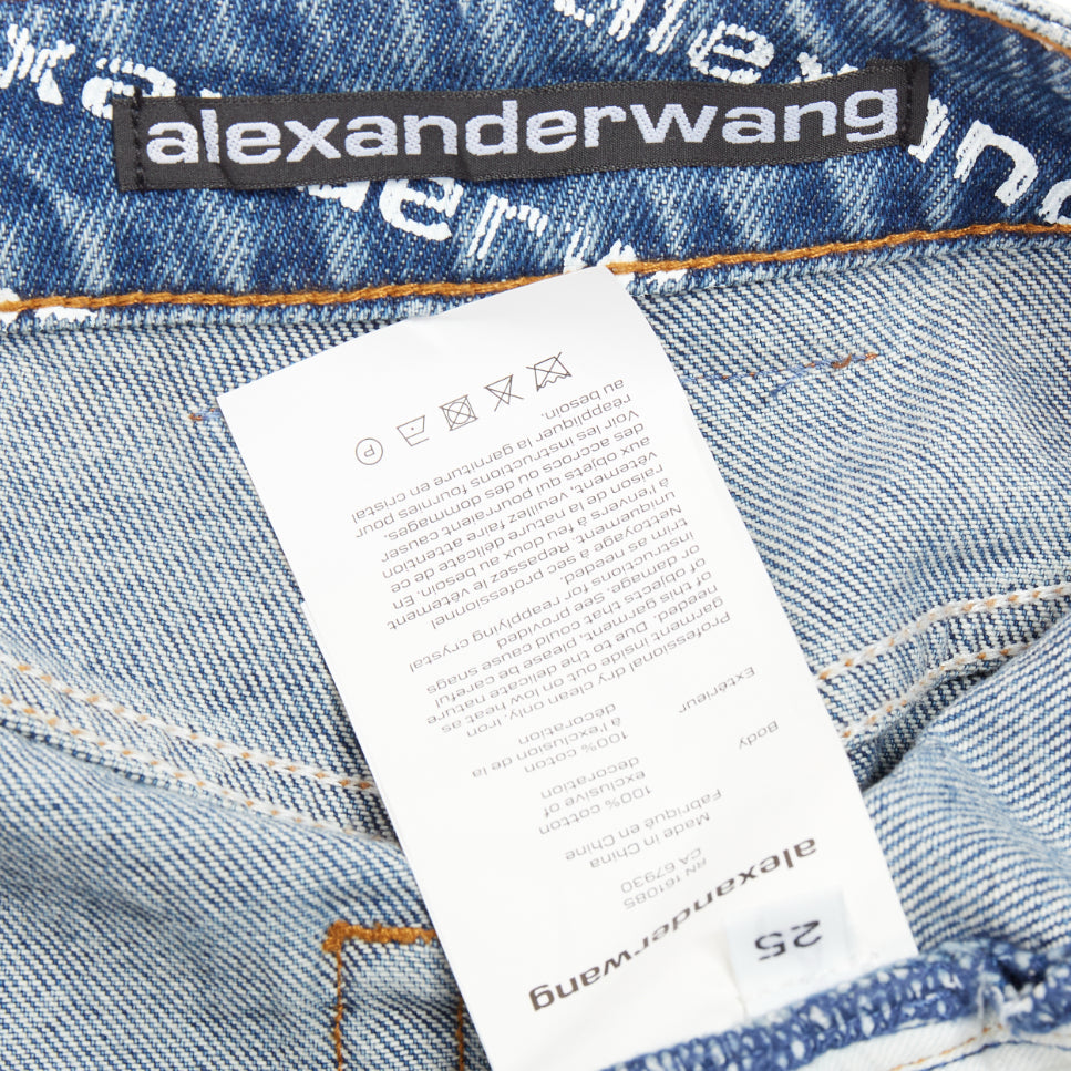 ALEXANDER WANG Bite blue denim crystal rhinestone hotfix logo mini shorts 25"