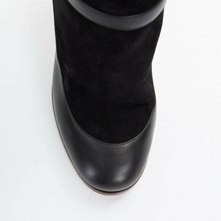 CELINE PHILO black suede sock ankle strap chunky wooden heel tall boot EU35.5