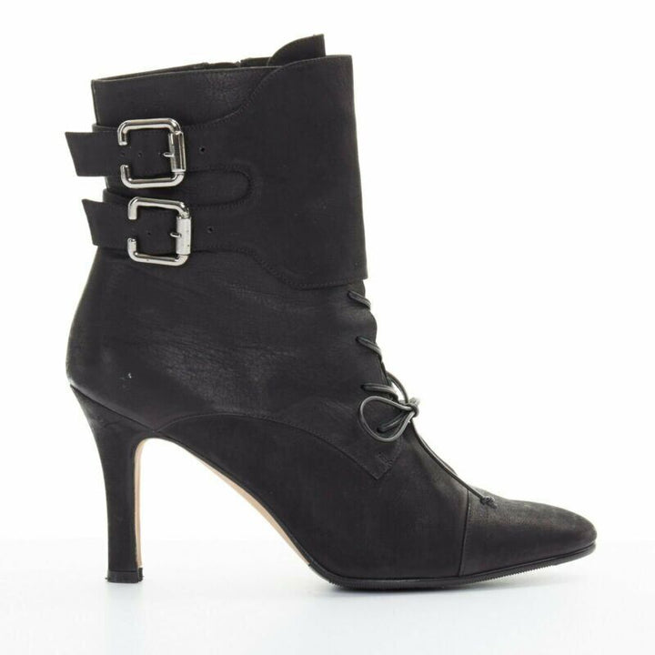 MANOLO BLAHNIK black leather lace front dual buckle guard ankle bootie EU38 US8