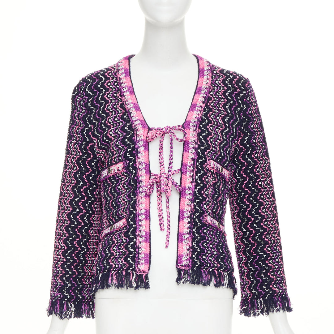 CHANEL 2021 P70494 fringe trim tie front tweed chevron cardigan jacket FR34 XXS