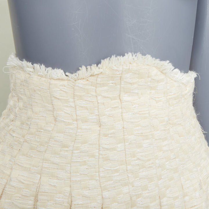 BALMAIN cream frayed pleated cotton tweed curved waist skater skirt FR34 XXS