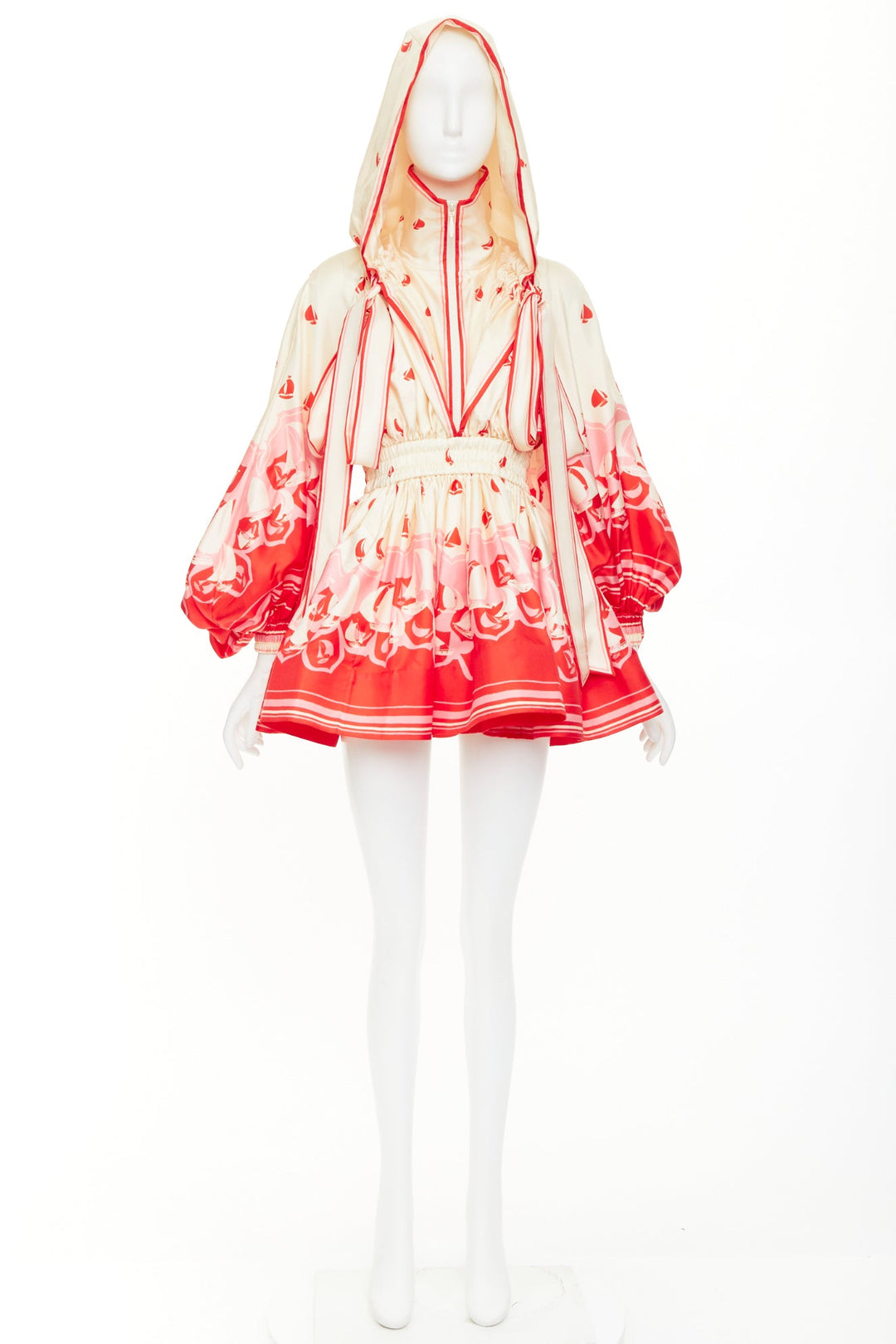 ZIMMERMANN 2023 High Tide printed silk twill cape hooded mini dress Sz.0 XS