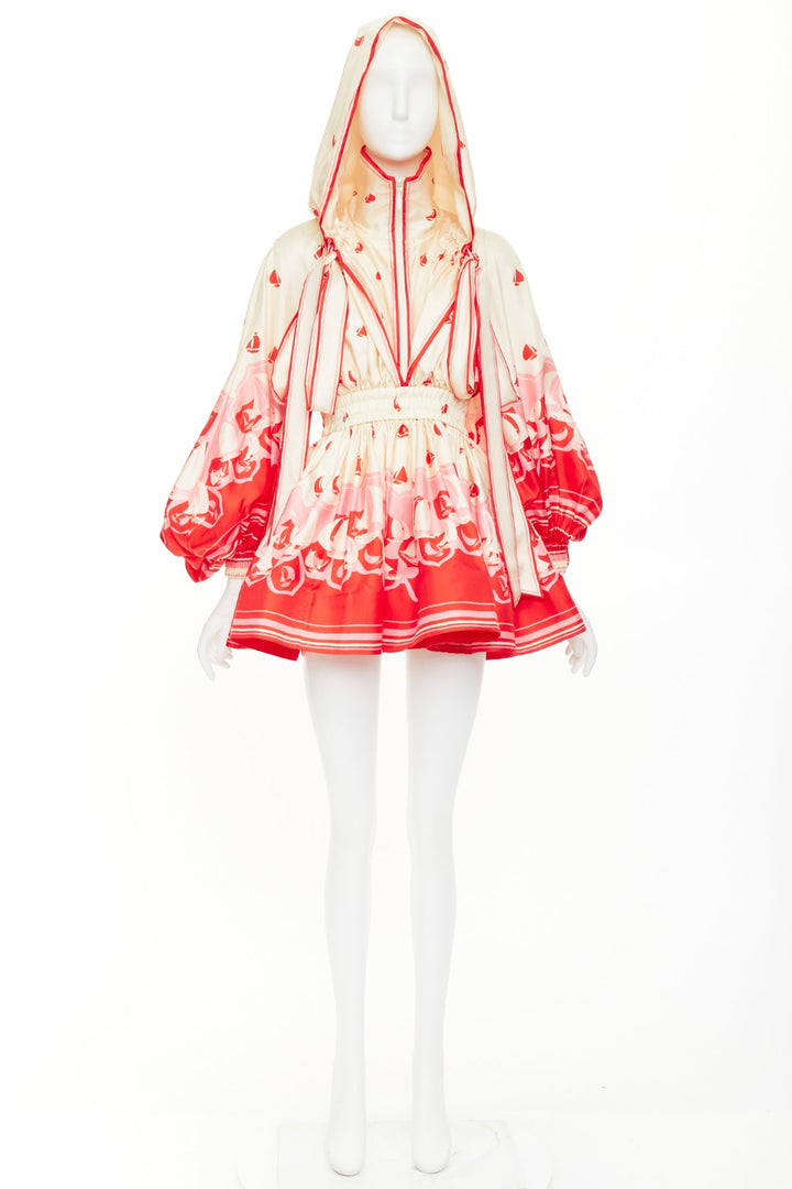 ZIMMERMANN 2023 High Tide printed silk twill cape hooded mini dress Sz.0 XS