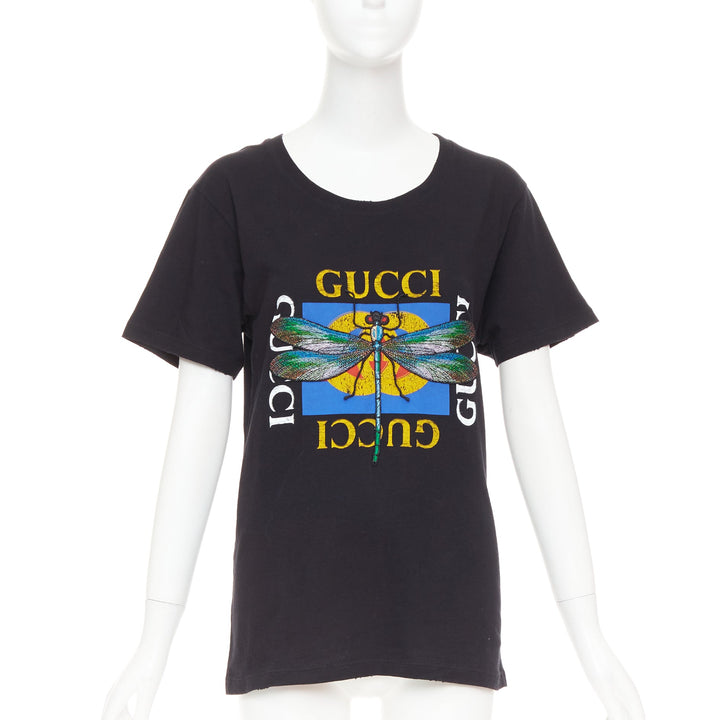 GUCCI 2018 black cotton vintage logo embroidered dragonfly jersey tshirt XS