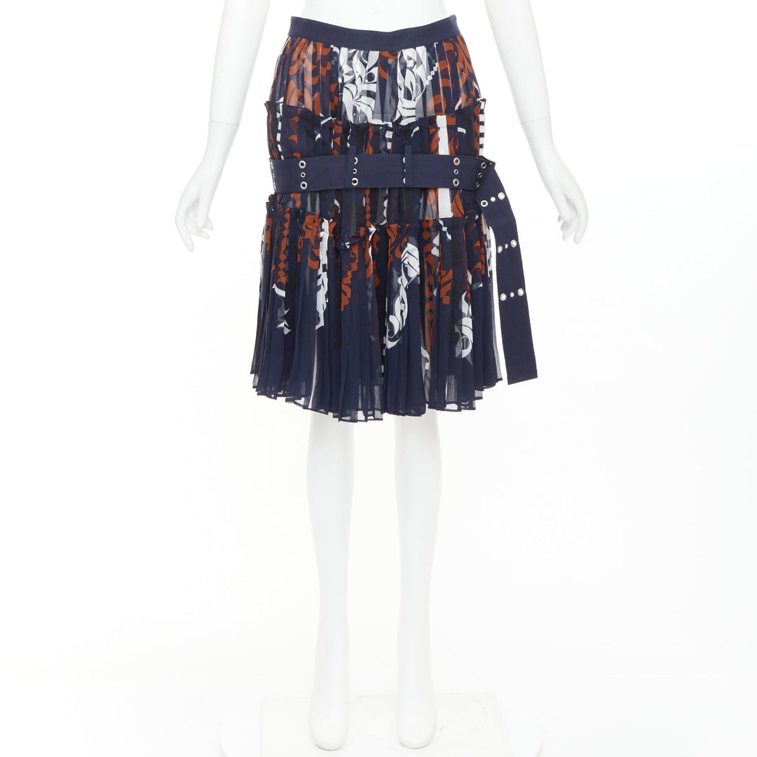 SACAI 2016 navy orange white printed pleated cotton eyelet belt skirt JP1 S