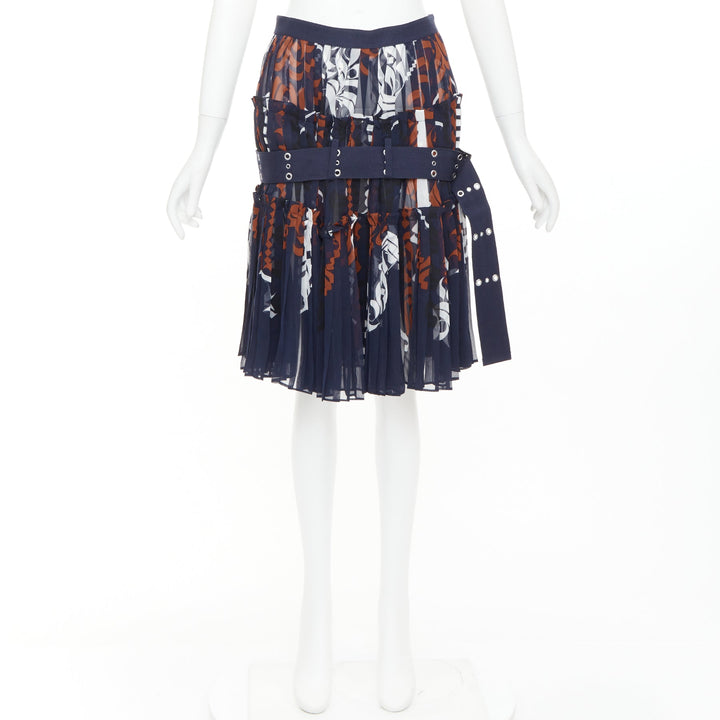 SACAI 2016 navy orange white printed pleated cotton eyelet belt skirt JP1 S