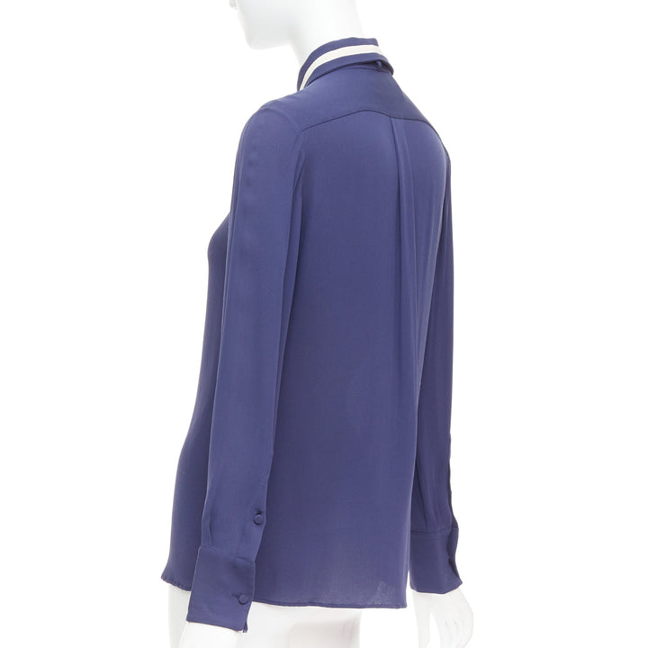VALENTINO 100% silk navy cream trim tie neck blouse shirt US4 S