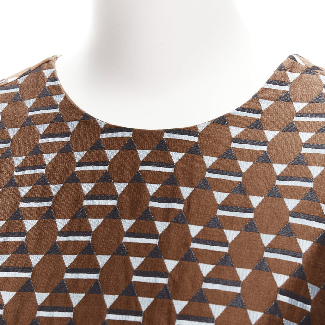 MARNI brown blue geometric jacquard frill hem dress IT38 XS