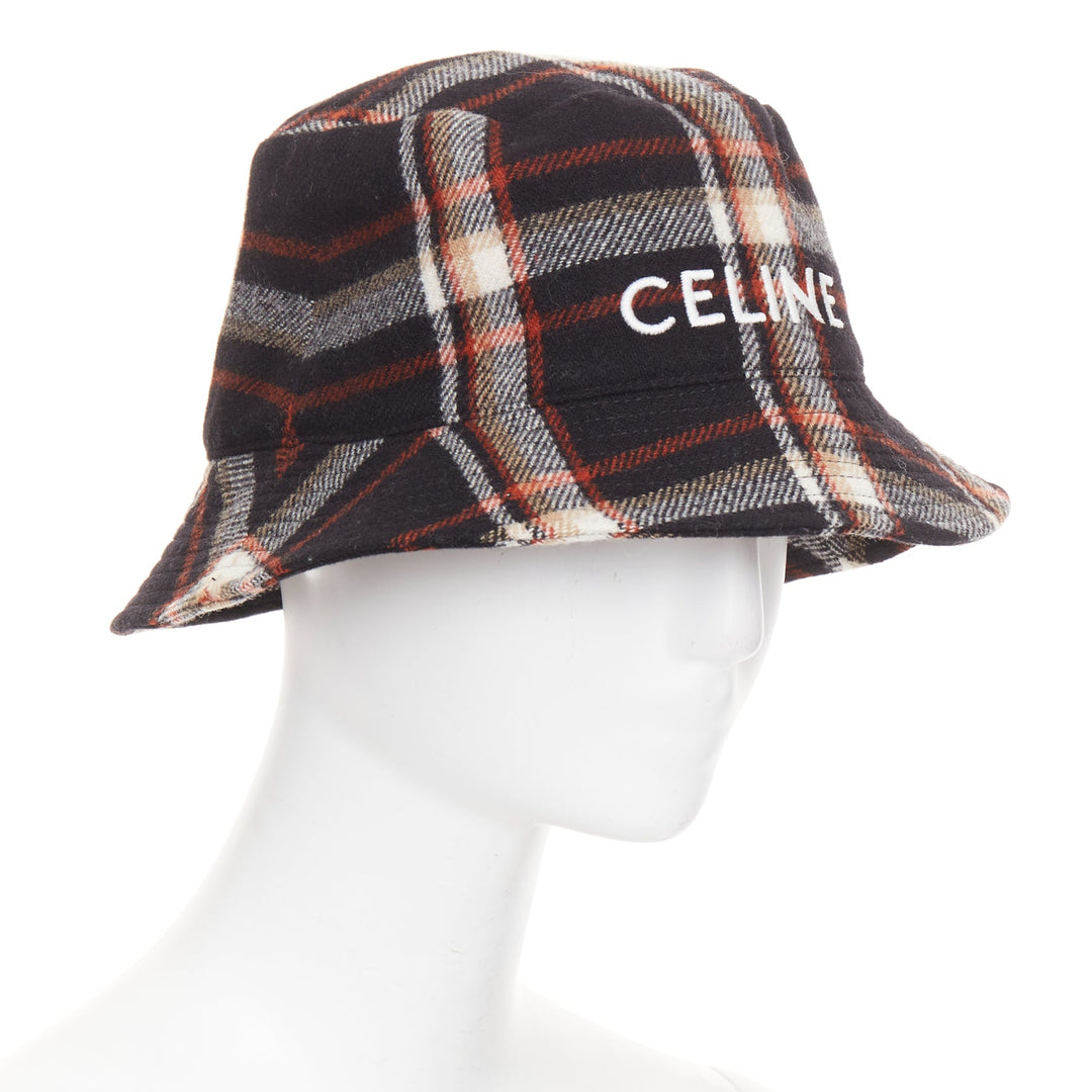 CELINE 2021 Runway Plaid Woven Bucket Hat black red wool logo cap M