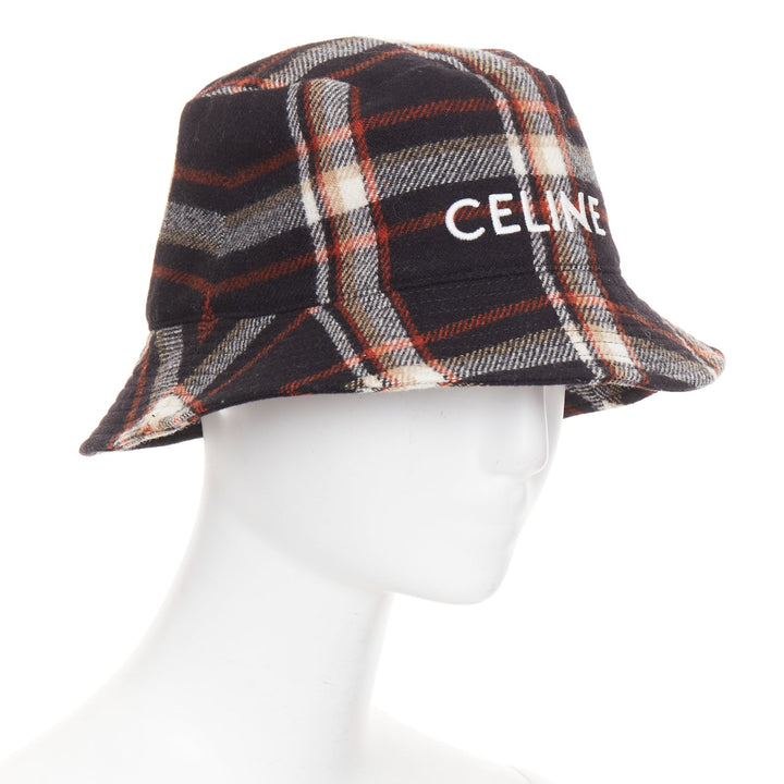 CELINE 2021 Runway Plaid Woven Bucket Hat black red wool logo cap M