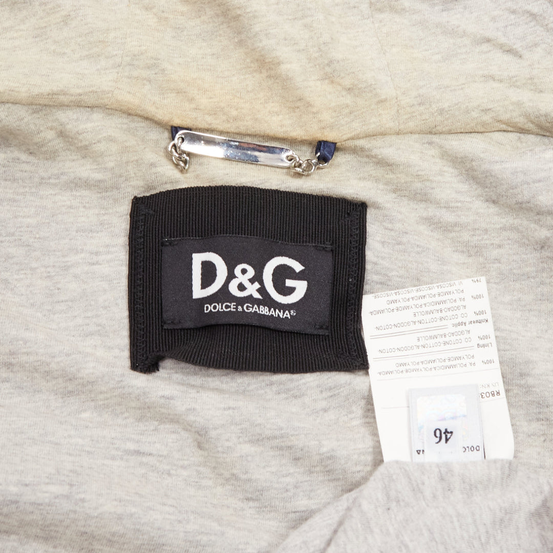 D&G navy nylon grey cotton lined gold varsity logo hooded zip up  IT46 S