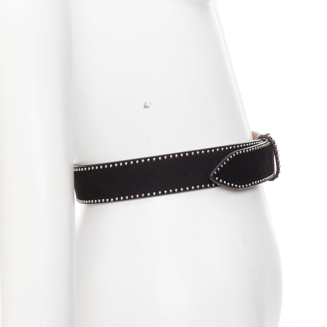 ALAIA black suede leather silver mini dome studded buckled belt 65cm