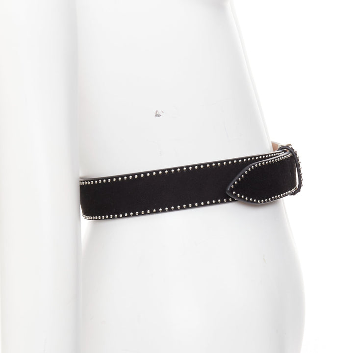 ALAIA black suede leather silver mini dome studded buckled belt 65cm