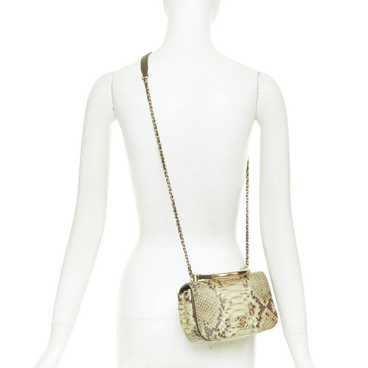 CHANEL 2017 Carry Chic natural python leather gold tone top handle crossbody bag
