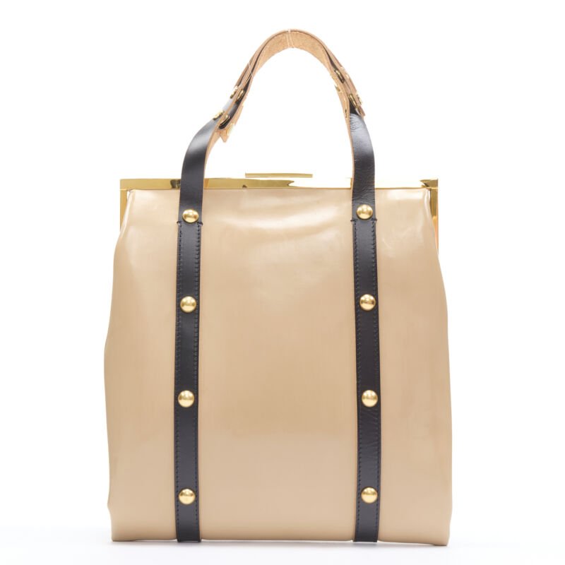 MARNI brown latex PVC gold stud leather trim metal frame tote bag