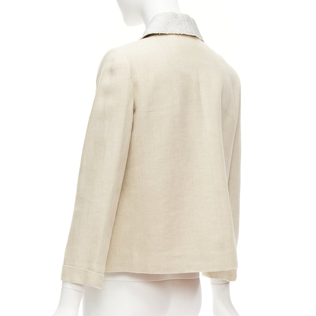 CARVEN beige linen cotton blend silver tweed collar button boxy jacket FR38 M