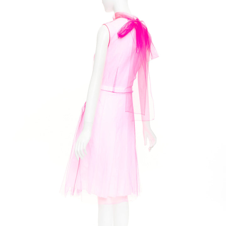 PRADA 2018 Runway Neon Technical  Tulle Abito pink rubber logo dress IT38 XS