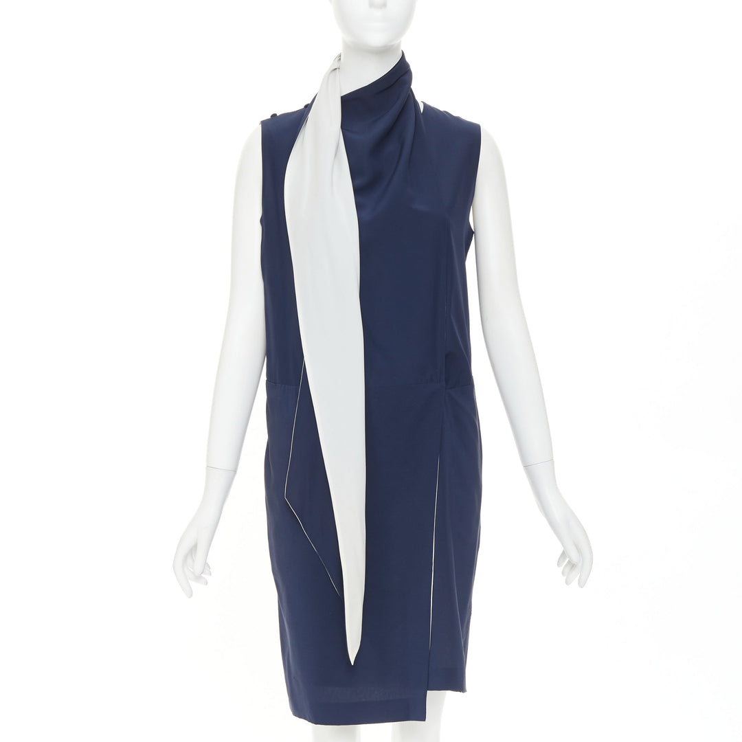 OLD CELINE 2010 Phoebe Philo navy ivory double layer silk scarf dress FR38 M