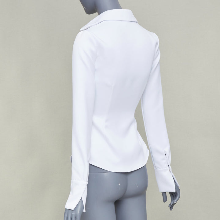 LAQUAN SMITH 2022 white darted crisp plunge neck collar fitted shirt XS