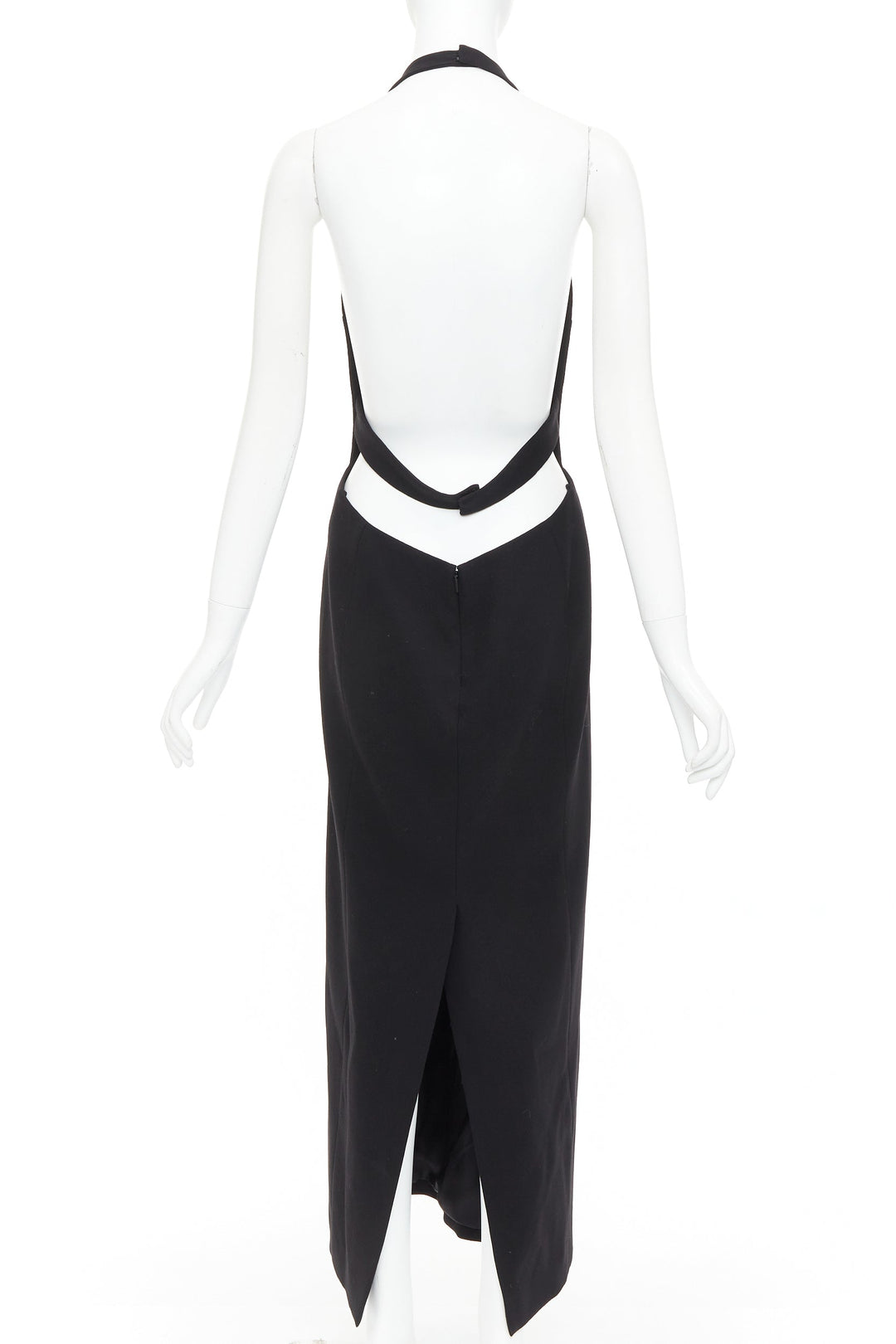 SAINT LAURENT 2022 Runway black plunge neck crystal low back wool dress FR40 L