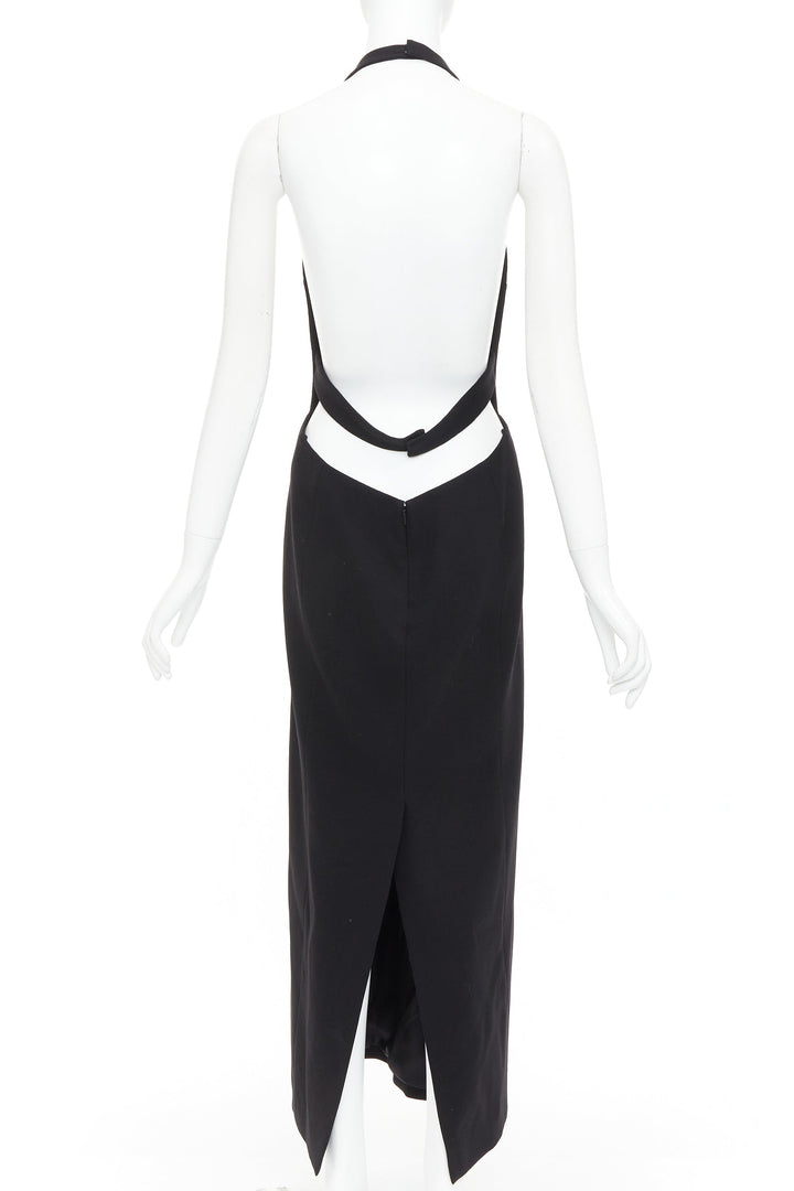 SAINT LAURENT 2022 Runway black plunge neck crystal low back wool dress FR40 L