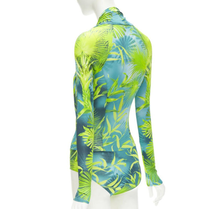 Runway VERSACE Jlo Jungle print green viscose plunge neck bodysuit IT36 XS