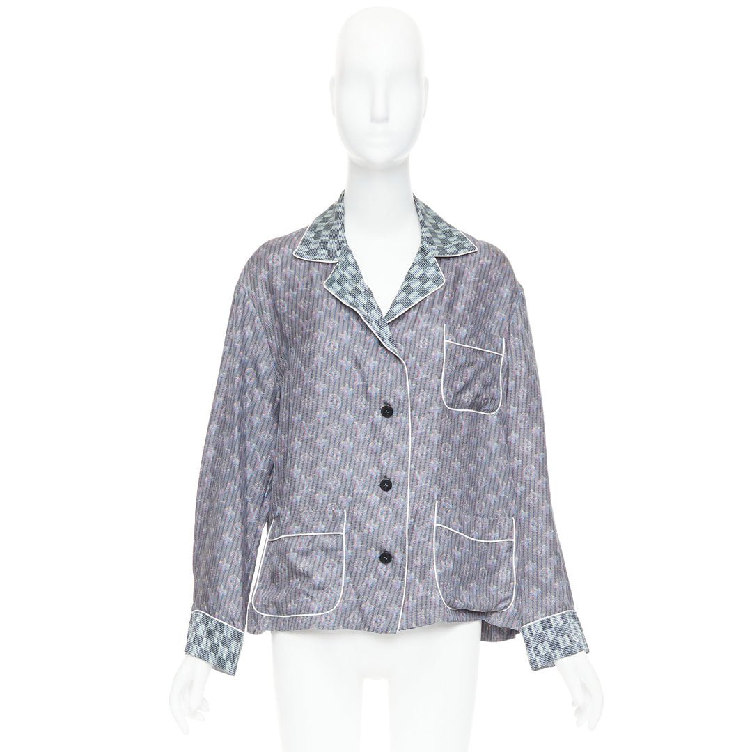 LOUIS VUITTON silk purple Damier Check Jacquard monogram pajama shirt FR36 S