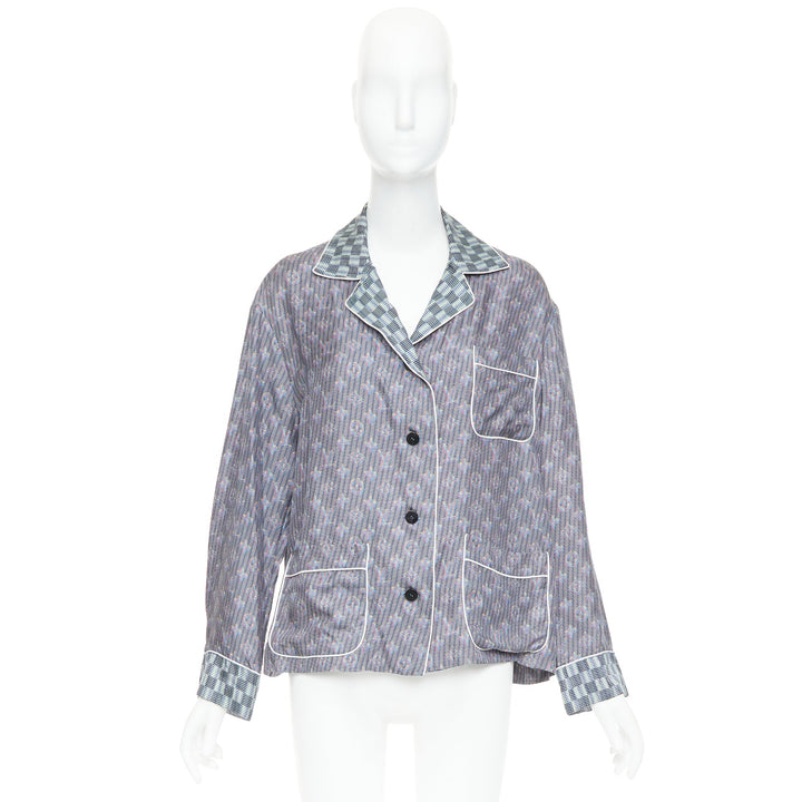 LOUIS VUITTON silk purple Damier Check Jacquard monogram pajama shirt FR36 S