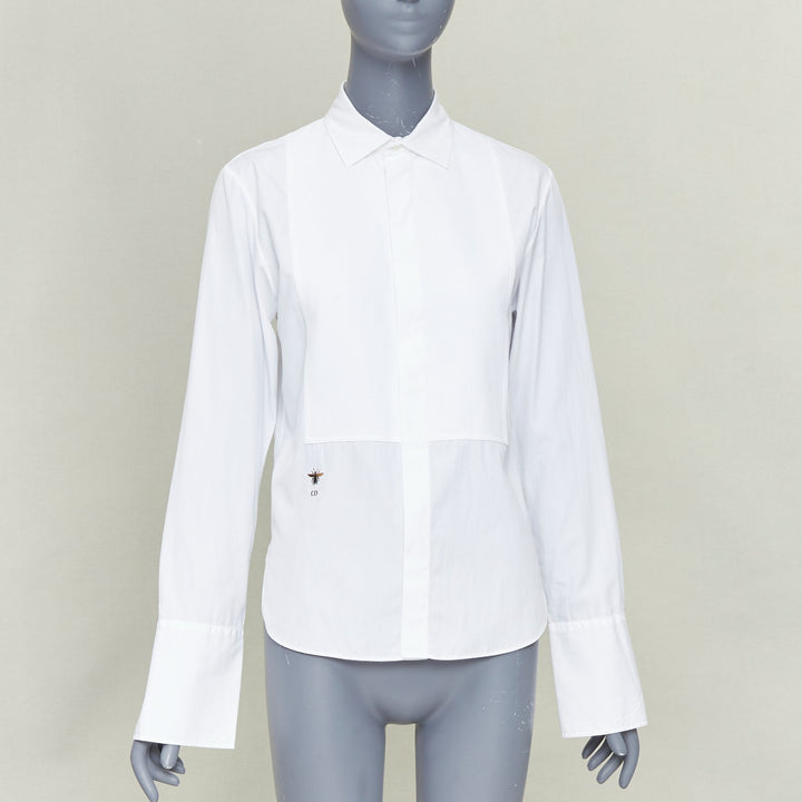 CHRISTIAN DIOR white cotton pique CD Bee embroidered dress shirt FR34 XS