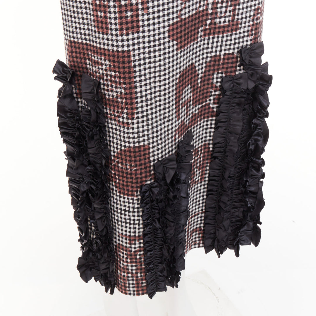 COMME DES GARCONS 2019 brown black wool gingham multi sleeve ruffle midi dress S