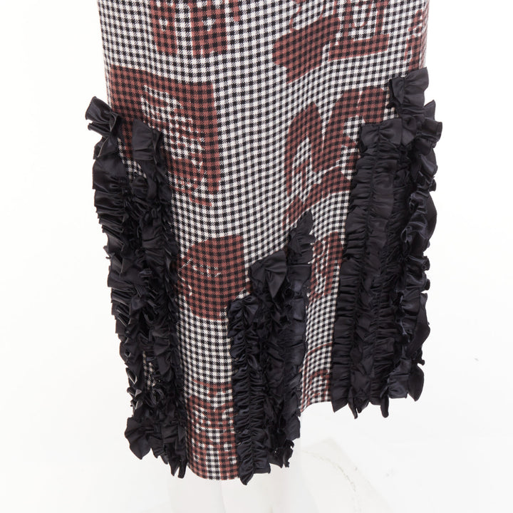 COMME DES GARCONS 2019 brown black wool gingham multi sleeve ruffle midi dress S