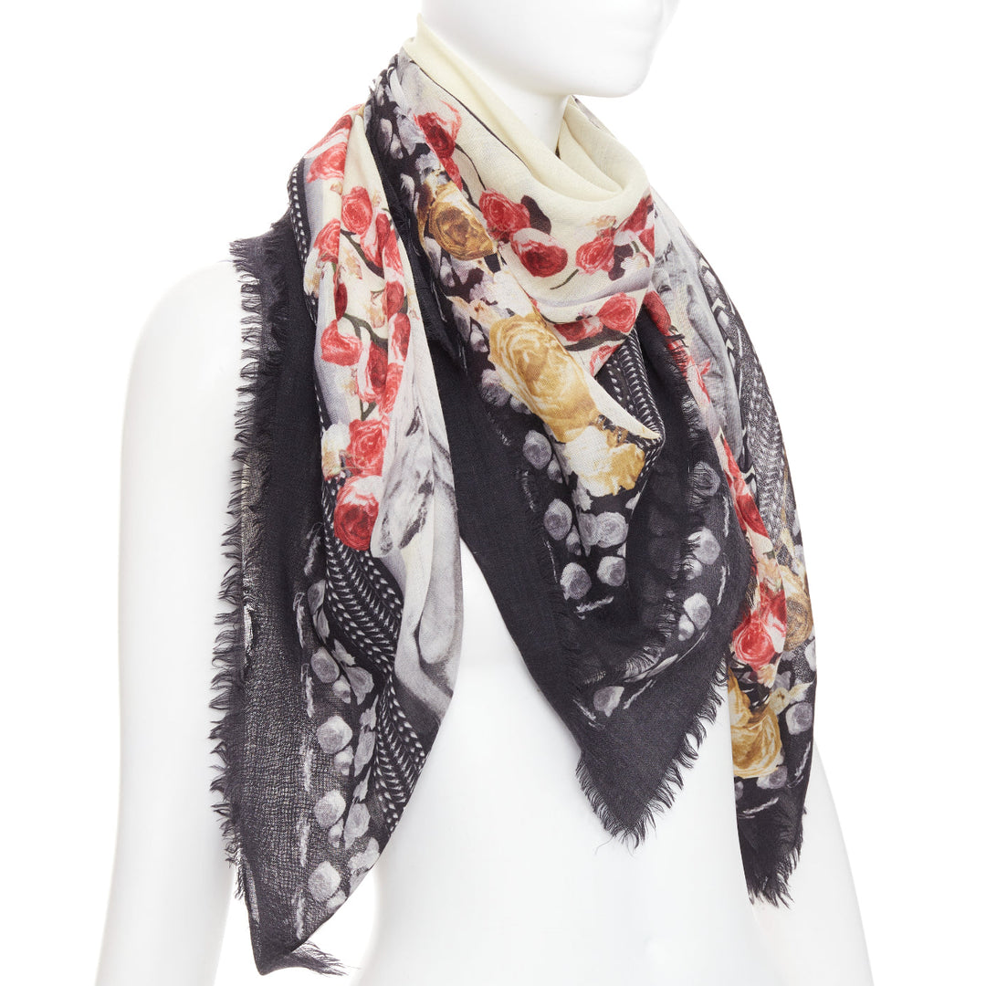 GIVENCHY Riccardo Tisci black red cream wool rose print fringed trim scarf