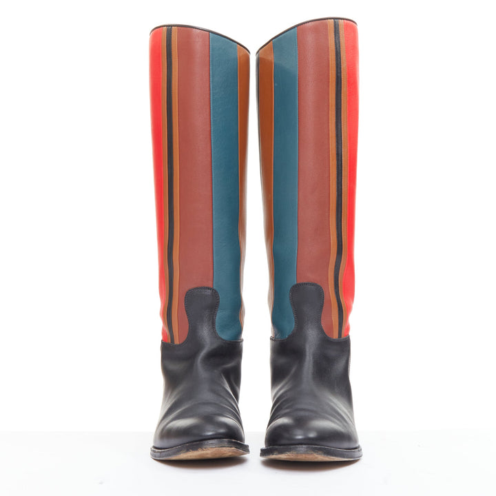 HERMES Jumping Limited red blue colorblocked leather tall riding boots EU37.5