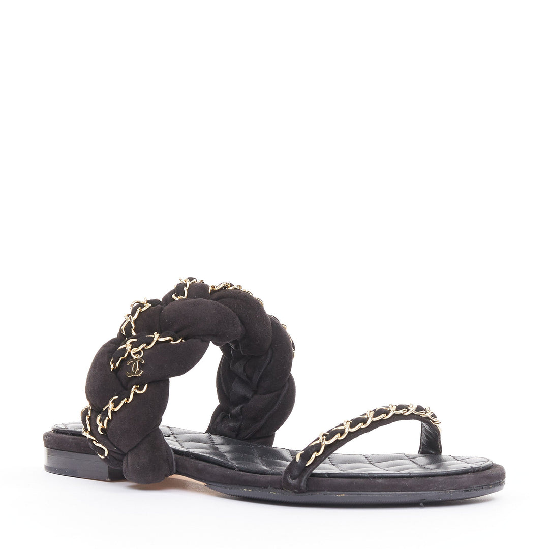CHANEL 2017 braided suede chain CC logo open toe slip on flat sandals EU37C