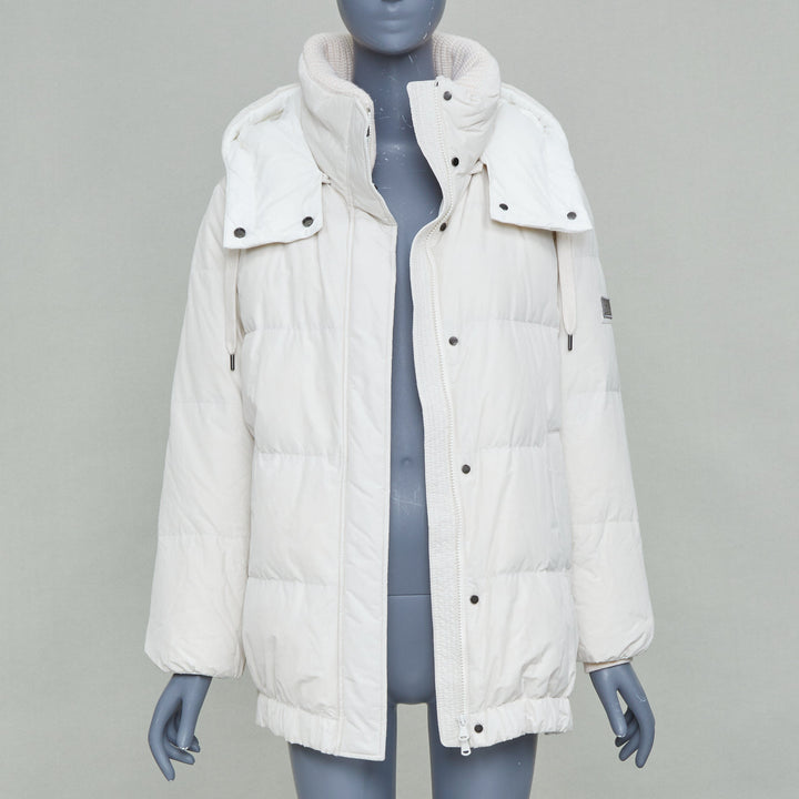 BRUNELLO CUCINELLI white puffer hooded cashmere trim down coat jacket IT40 S