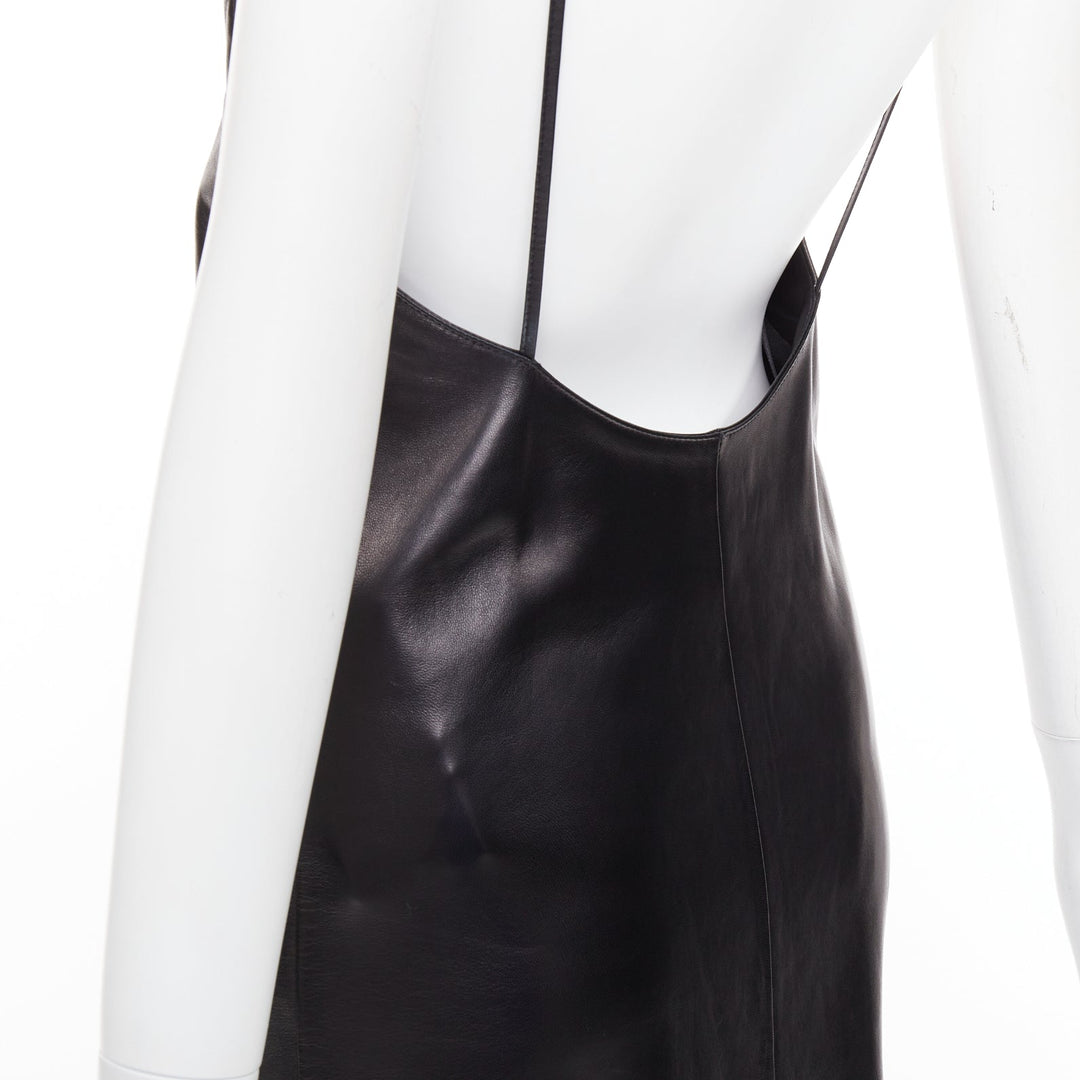 SAINT LAURENT 2024 black lambskin plunge low cut back slit slip gown FR34 XS