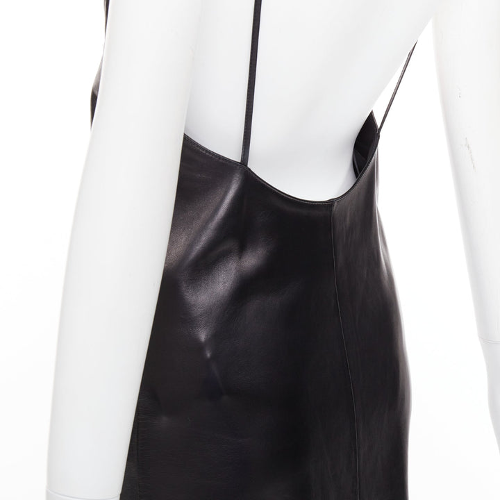 SAINT LAURENT 2024 black lambskin plunge low cut back slit slip gown FR34 XS