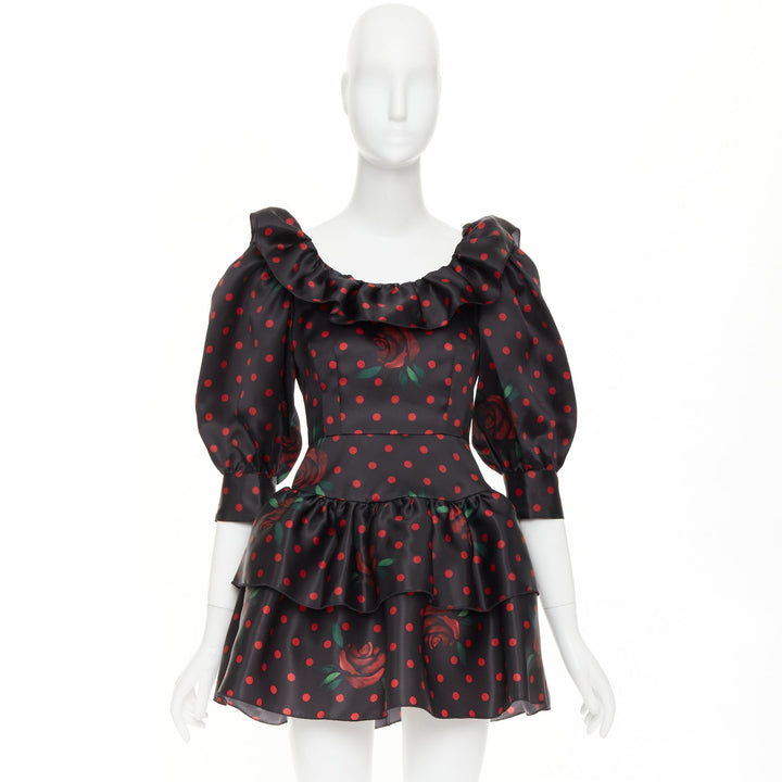 ALESSANDRA RICH 2019 Polka Dot Rose Print silk ruffled puff sleeve dress IT38 XS