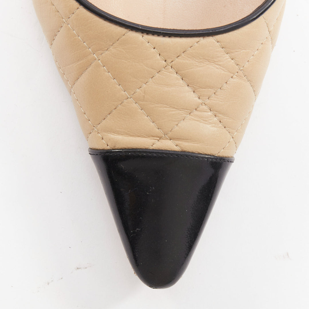 MANOLO BLAHNIK nude quilted leather stitch black toe cap slingback heel EU39