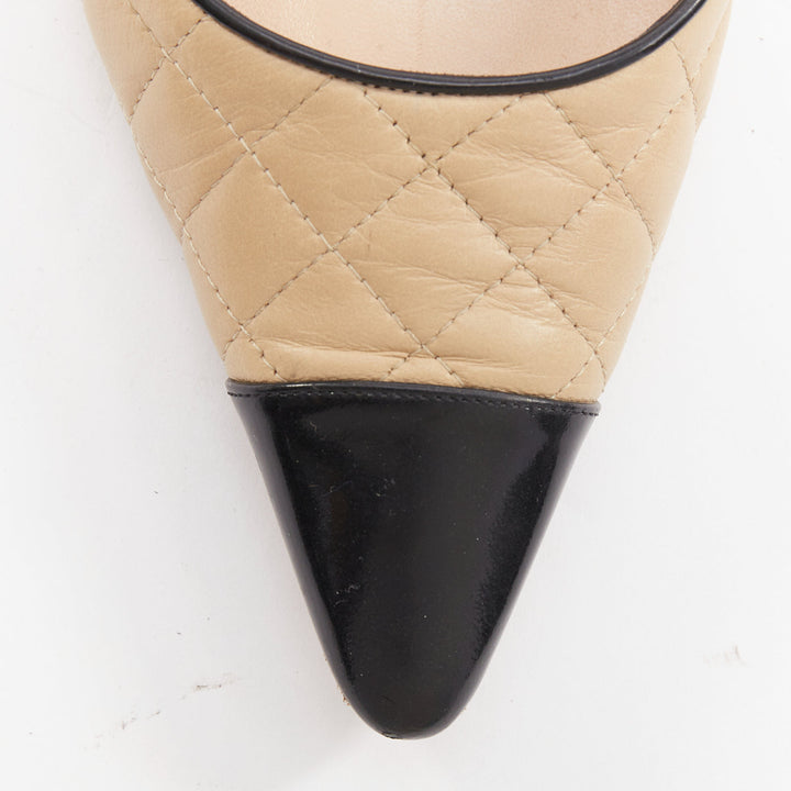 MANOLO BLAHNIK nude quilted leather stitch black toe cap slingback heel EU39