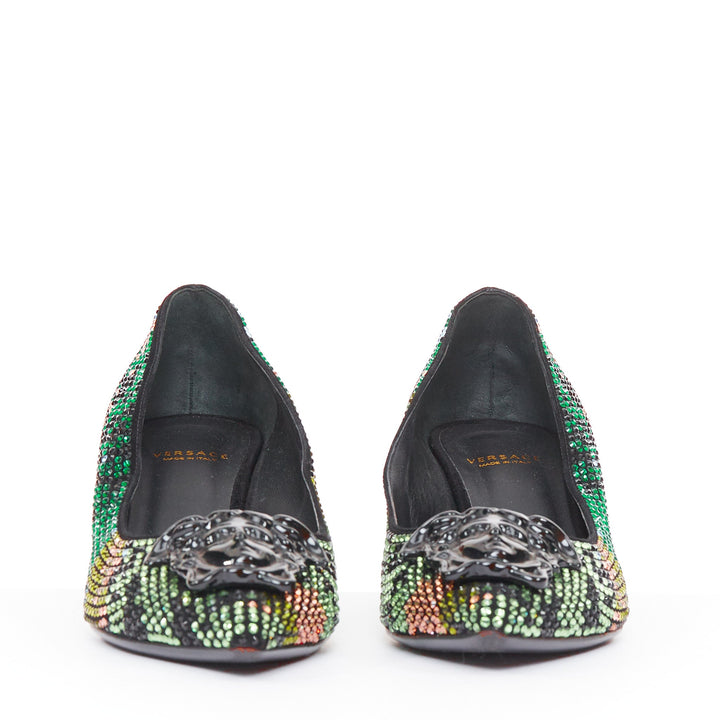 VERSACE 2015 Palazzo camouflage green rhinestone crystal Medusa pumps EU36 US6