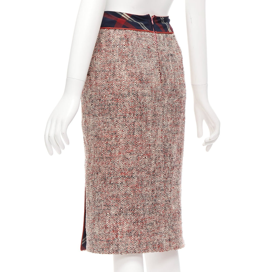 CHANEL Vintage red speckled boucle navy tartan pencil skirt FR34 XS