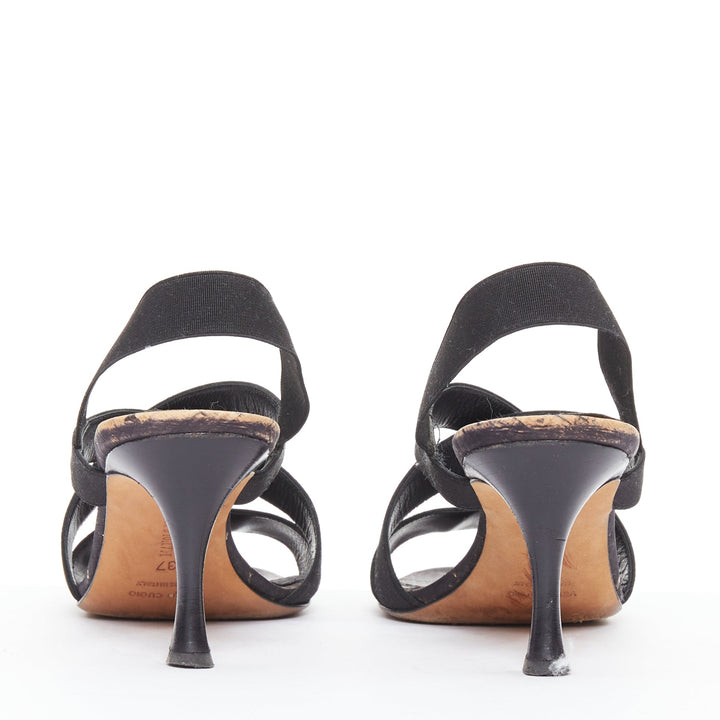MANOLO BLAHNIK black elastic strap cork sole spool mid sandals EU37