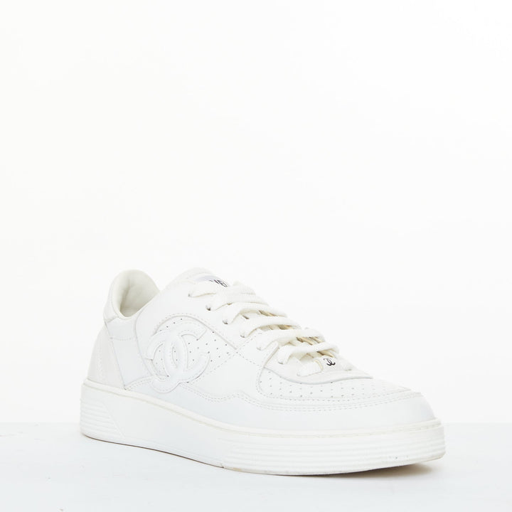 CHANEL 2023 white calfskin perforated CC logo lowtop trainer court sneakers EU38