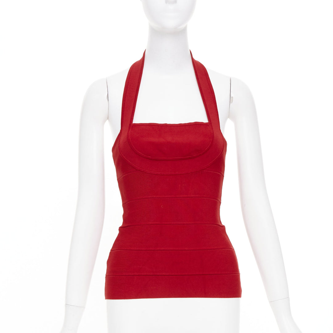 HERVE LEGER red halter neck structured bodycon bandage tank top XS
