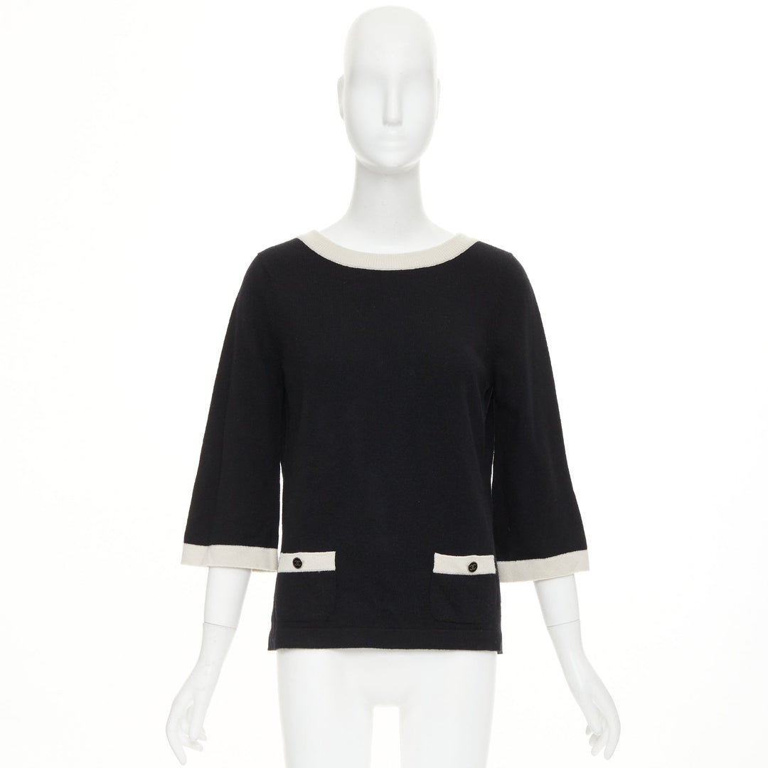 CHANEL black 100% cashmere white contrast trim CC button pocket pullover FR40 L